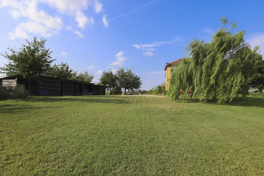 Rustic dream home in Italy – 3,000 m² surrounded by greenery with panoramic views, large garden lawn with outbuilding and willow tree.